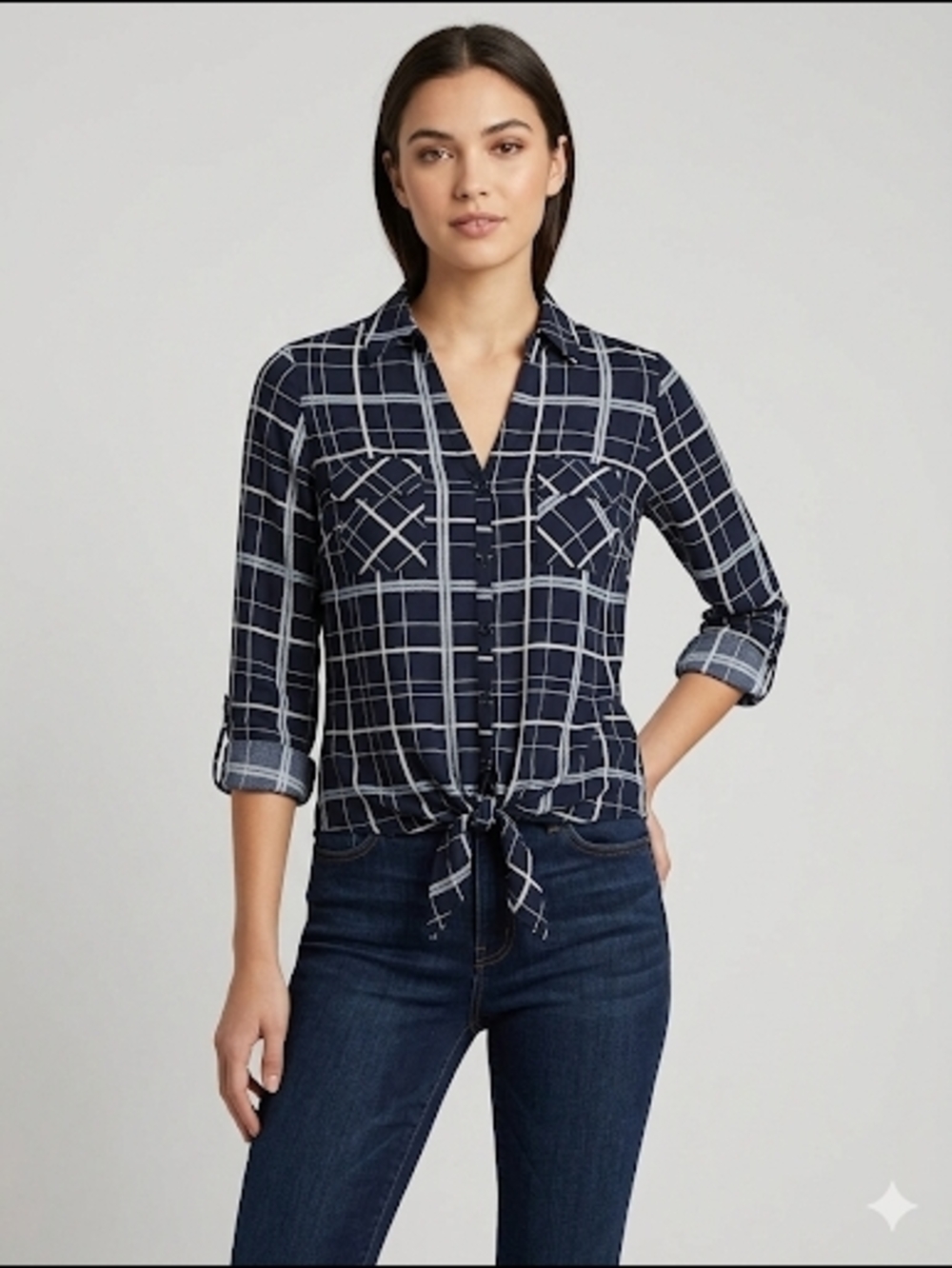 Ellen Tracy Black & White Plaid Tie-Front Button-Down Blouse - Sz M